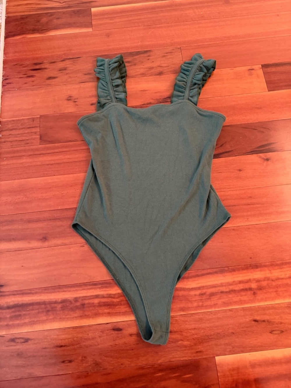 Ribbed Olive Green Ruffle Strap Bodysuit